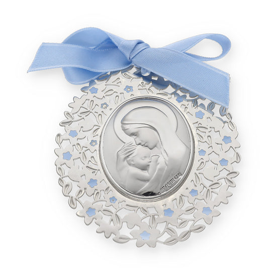 Medalla ovalada de Cuna Baño de Plata con esmaltado Azul Virgen con Niño
