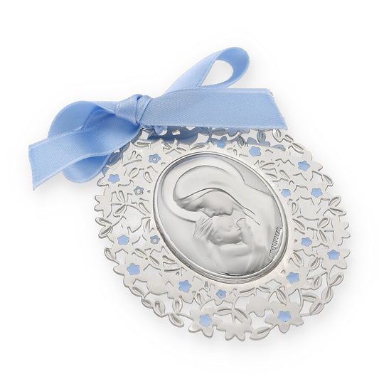 Medalla ovalada de Cuna Baño de Plata con esmaltado Azul Virgen con Niño