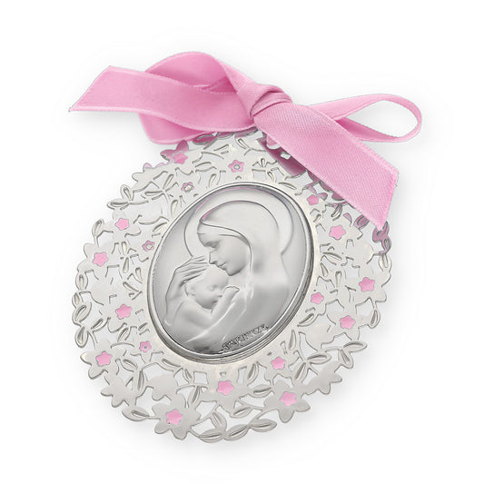 Medalla ovalada de Cuna Baño de Plata con esmaltado Rosa Virgen con Niño