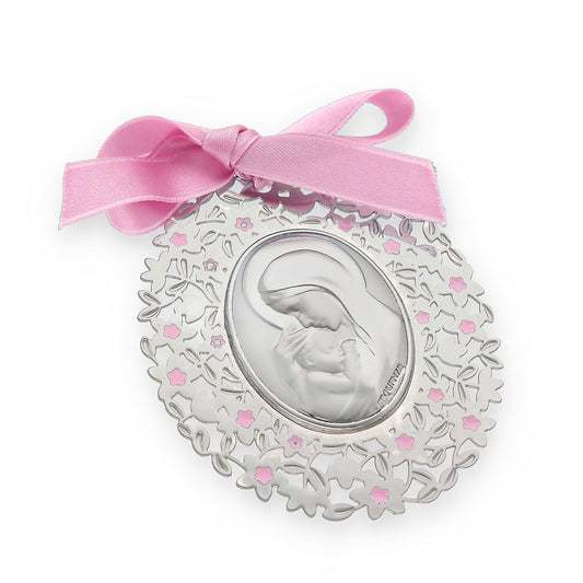 Medalla ovalada de Cuna Baño de Plata con esmaltado Rosa Virgen con Niño