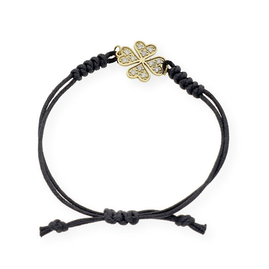 Pulsera Macramé de Oro de Ley con Diamantes y Diseño de Trébol