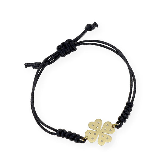 Pulsera Macramé de Oro de Ley con Diamantes y Diseño de Trébol