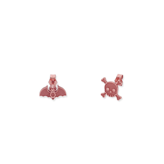 Pendientes Calavera y Murciélago en Plata 925 y Baño Oro rosa 18k