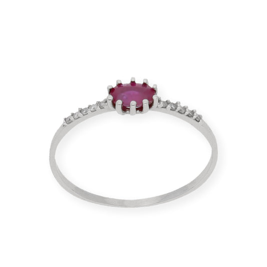 Anillo Loto en Oro Blanco 18K con Rubí Oval en Garra y Diamantes