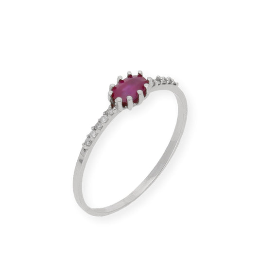 Anillo Loto en Oro Blanco 18K con Rubí Oval en Garra y Diamantes