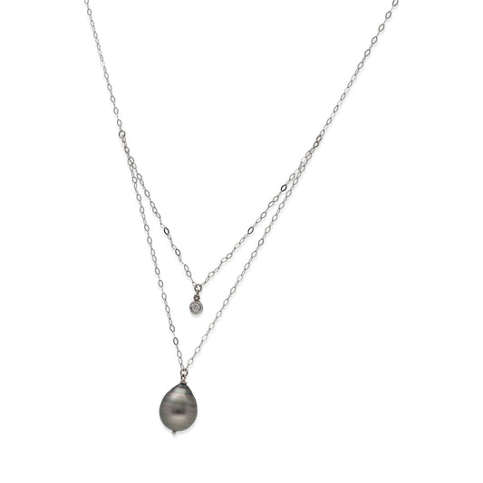 Collar Doble Modelo Ariel de Oro Blanco 18k con Diamante y Perla Tahití Natural