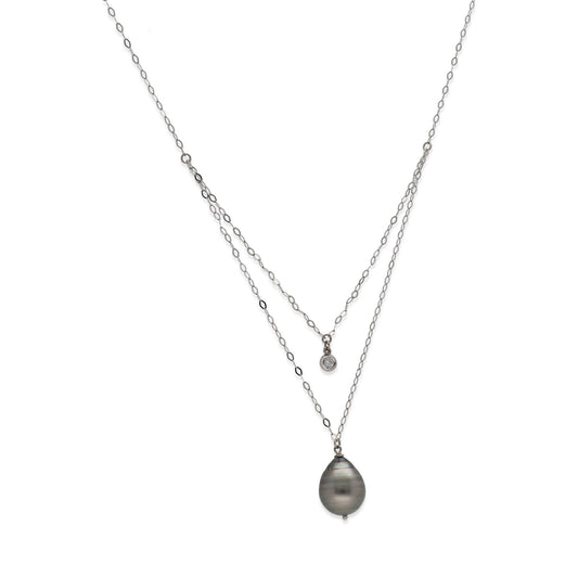 Collar Doble Modelo Ariel de Oro Blanco 18k con Diamante y Perla Tahití Natural