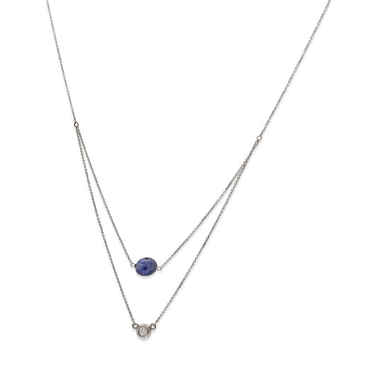 Collar Doble Juliette de Oro Blanco 18k con Diamante y Zafiro