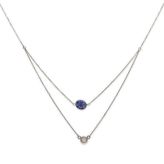 Collar Doble Juliette de Oro Blanco 18k con Diamante y Zafiro