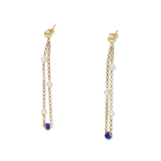 Pendientes Miray Estilo Colgantes de Oro 18k Perlas Akoya y Zafiros