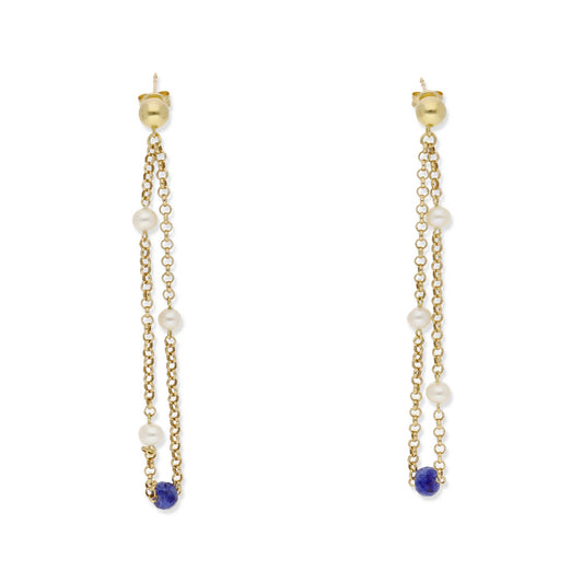 Pendientes Miray Estilo Colgantes de Oro 18k Perlas Akoya y Zafiros