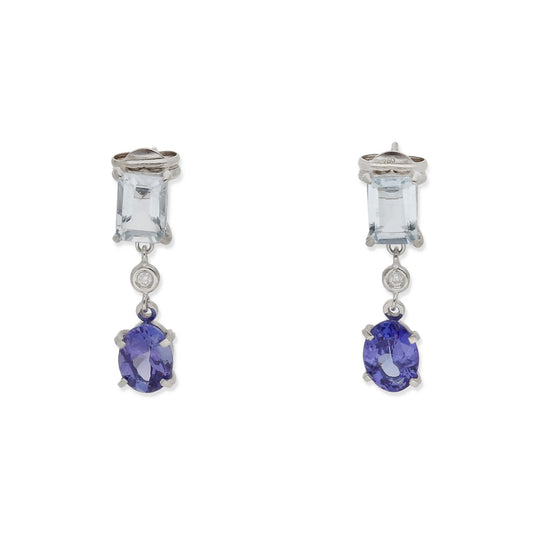 Pendientes Troya en Oro Blanco 18k con Aguamarinas, Tanzanita y Diamante