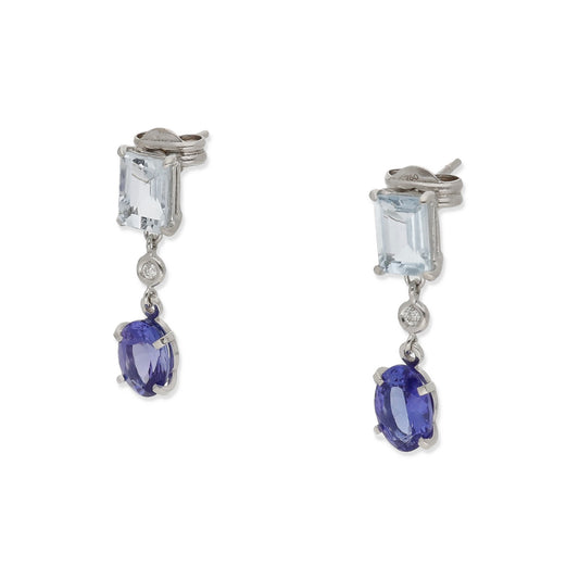 Pendientes Troya en Oro Blanco 18k con Aguamarinas, Tanzanita y Diamante