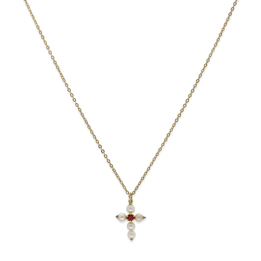 Collar con Colgante "Mi Primera Comunión" en Oro 18k con Perlas y Rubí Diseño de Cruz