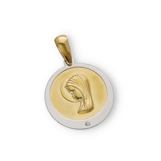 Medalla Virgen Niña María 1ª Comunión Redonda Bicolor 18k
