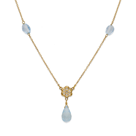 Collar Largo con Diamantes y Topacios Azules en Oro de Ley