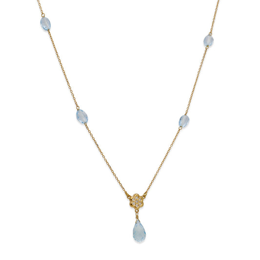 Collar Largo con Diamantes y Topacios Azules en Oro de Ley