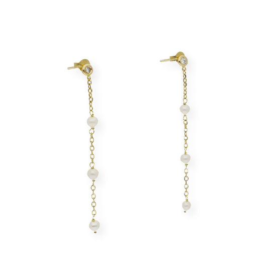 Pendientes Fons en Oro de Ley 18K con Cadena de Perlas y Diamante
