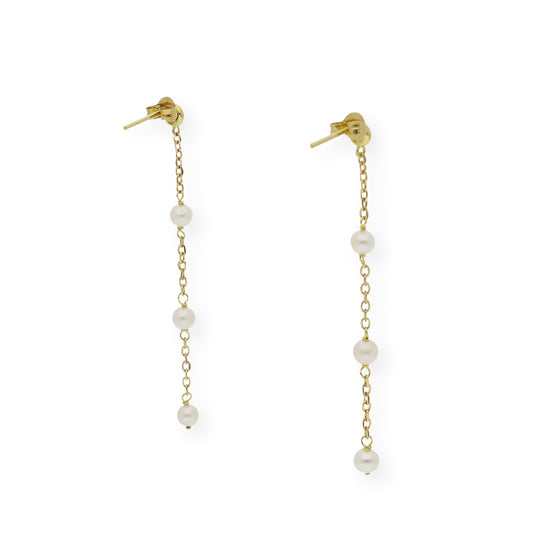 Pendientes Fons en Oro de Ley 18K con Cadena de Perlas y Diamante