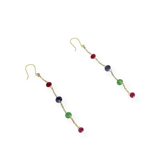 Pendientes en Oro de Ley 18K con Cadena de Rubíes, Zafiros y Esmeraldas