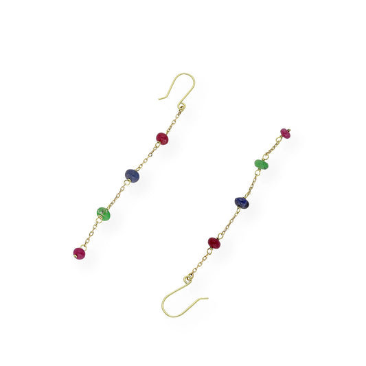 Pendientes en Oro de Ley 18K con Cadena de Rubíes, Zafiros y Esmeraldas