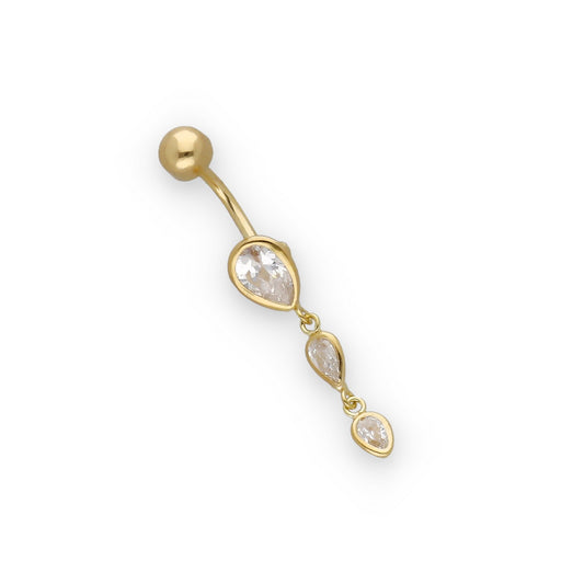 Piercing de Ombligo en Oro de Ley 18K con 3 Circonitas Colgantes