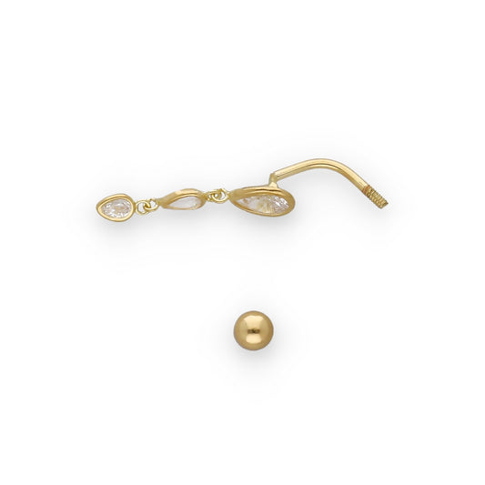 Piercing de Ombligo en Oro de Ley 18K con 3 Circonitas Colgantes