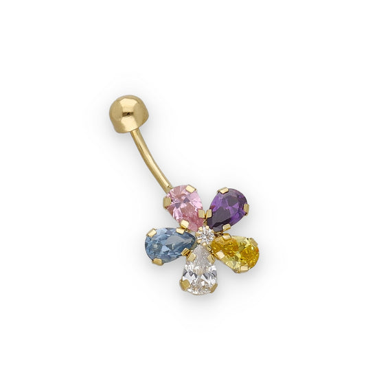 Piercing de Ombligo en Oro de Ley 18K con Flor de Circonitas de Colores