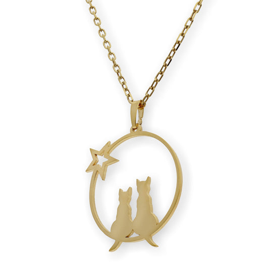 Collar con Colgante de Gatos y Estrella en Plata de Ley 925 Bañada en Oro 18K