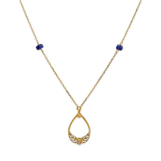 Gargantilla Alas con Diamante central y Zafiros en Oro de Ley 18K