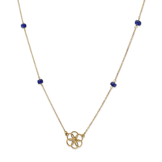Gargantilla Flor 6 pétalos con Diamante central y Zafiros en Oro de Ley 18K