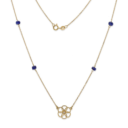 Gargantilla Flor 6 pétalos con Diamante central y Zafiros en Oro de Ley 18K