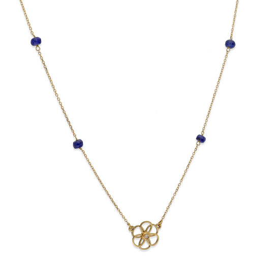 Gargantilla Flor 6 pétalos con Diamante central y Zafiros en Oro de Ley 18K