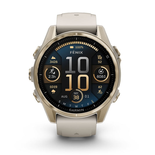 Reloj Garmin Fenix 8 - 43mm AMOLED Sapphire, Dorado con Correa Beige 010-02903-11