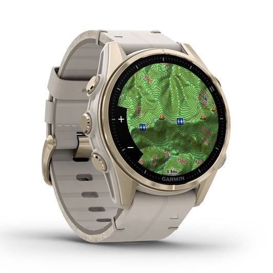 Reloj Garmin Fenix 8 - 43mm AMOLED Sapphire, Dorado con Correa Cuero Beige 010-02903-40