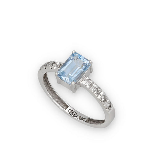 Anillo Oro Blanco 18k con Topacio Azul y Diamantes Modelo Rosemary