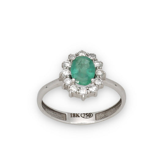 Anillo Lady Di Oro Blanco 18k con Esmeralda Central y Diamantes