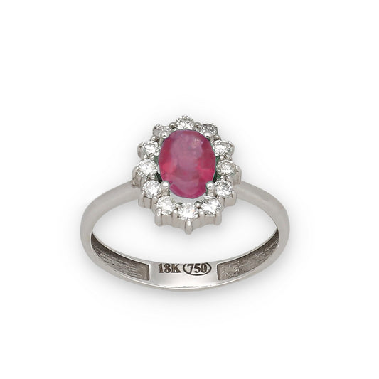 Anillo Lady Di Oro Blanco 18k con Rubí Central y Diamantes