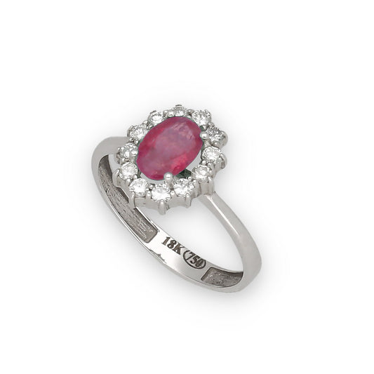 Anillo Lady Di Oro Blanco 18k con Rubí Central y Diamantes