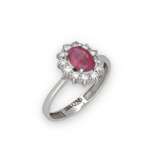 Anillo Lady Di Oro Blanco 18k con Rubí Central y Diamantes