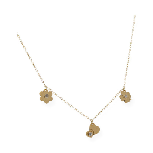 Collar con Forma de Corazón Trébol y Flor en Oro y Diamante