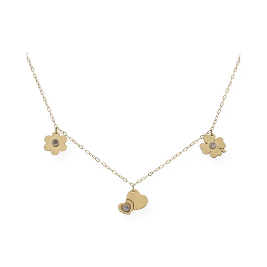 Collar con Forma de Corazón Trébol y Flor en Oro y Diamante