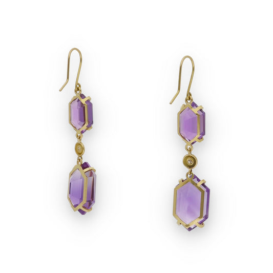 Pendientes Royale en Oro 18K con Diamante Central y Amatistas Marquesa