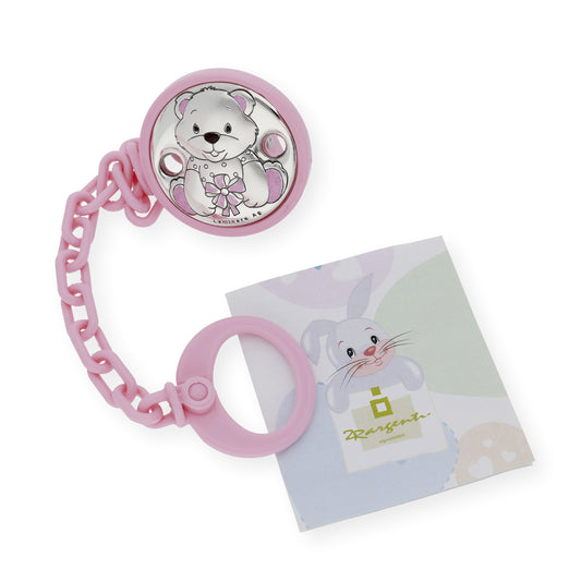 Pinza Chupete bebé Plata bilaminada Oso Rosa
