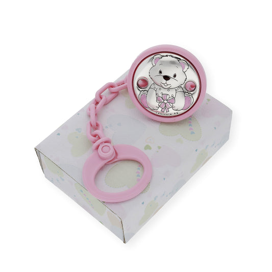 Pinza Chupete bebé Plata bilaminada Oso Rosa