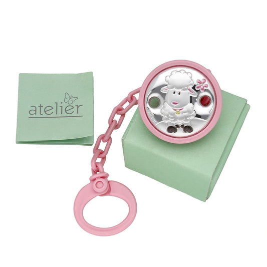 Pinza Chupete Bebé Plata Bilaminada Oveja Rosa