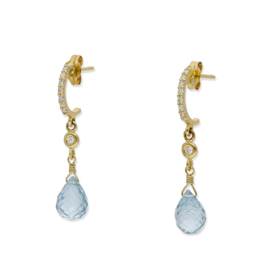 Pendientes Diletto en Oro 18K con Topacio Azul Facetado y Medio Aro de Diamantes
