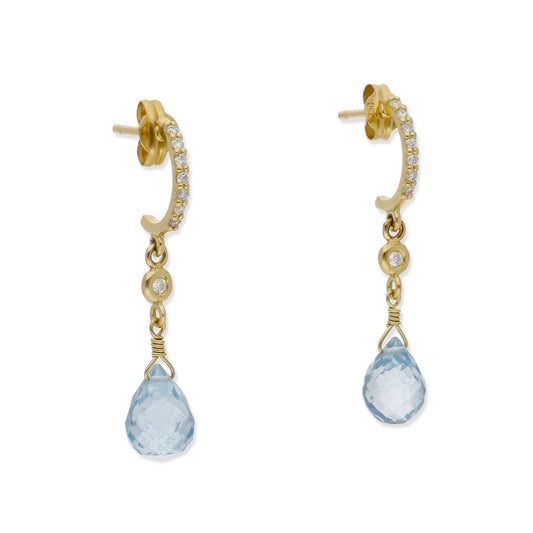 Pendientes Diletto en Oro 18K con Topacio Azul Facetado y Medio Aro de Diamantes