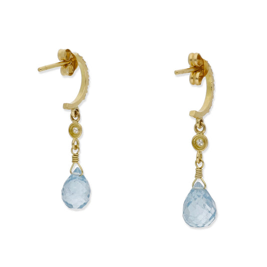 Pendientes Diletto en Oro 18K con Topacio Azul Facetado y Medio Aro de Diamantes