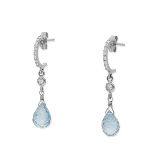 Pendientes Diletto en Oro Blanco 18K con Topacio Azul Facetado y Medio Aro de Diamantes